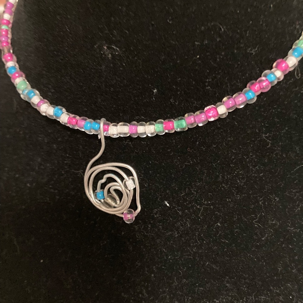 Handmade Multicolor Beaded Choker Necklace with Silver Spiral Charm